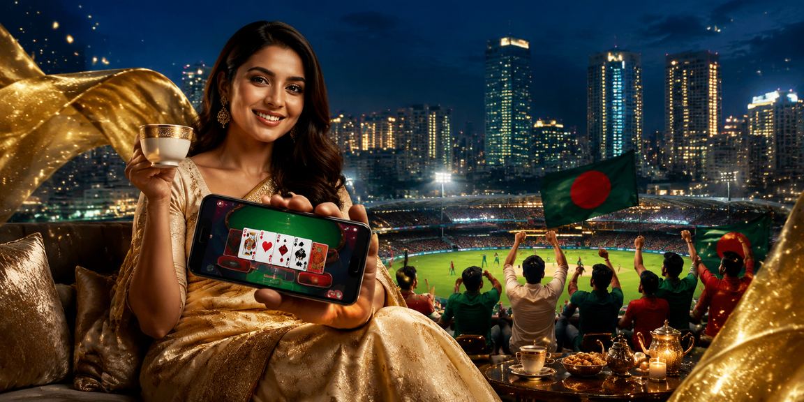 ঢাকায় শাড়ি পরা একজন নারী মোবাইলে ক্রিকেট বেটিং ও জ্যাকপট উপভোগ করছেন